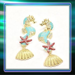 Enamel Seahorse Earrings with Rhinestones